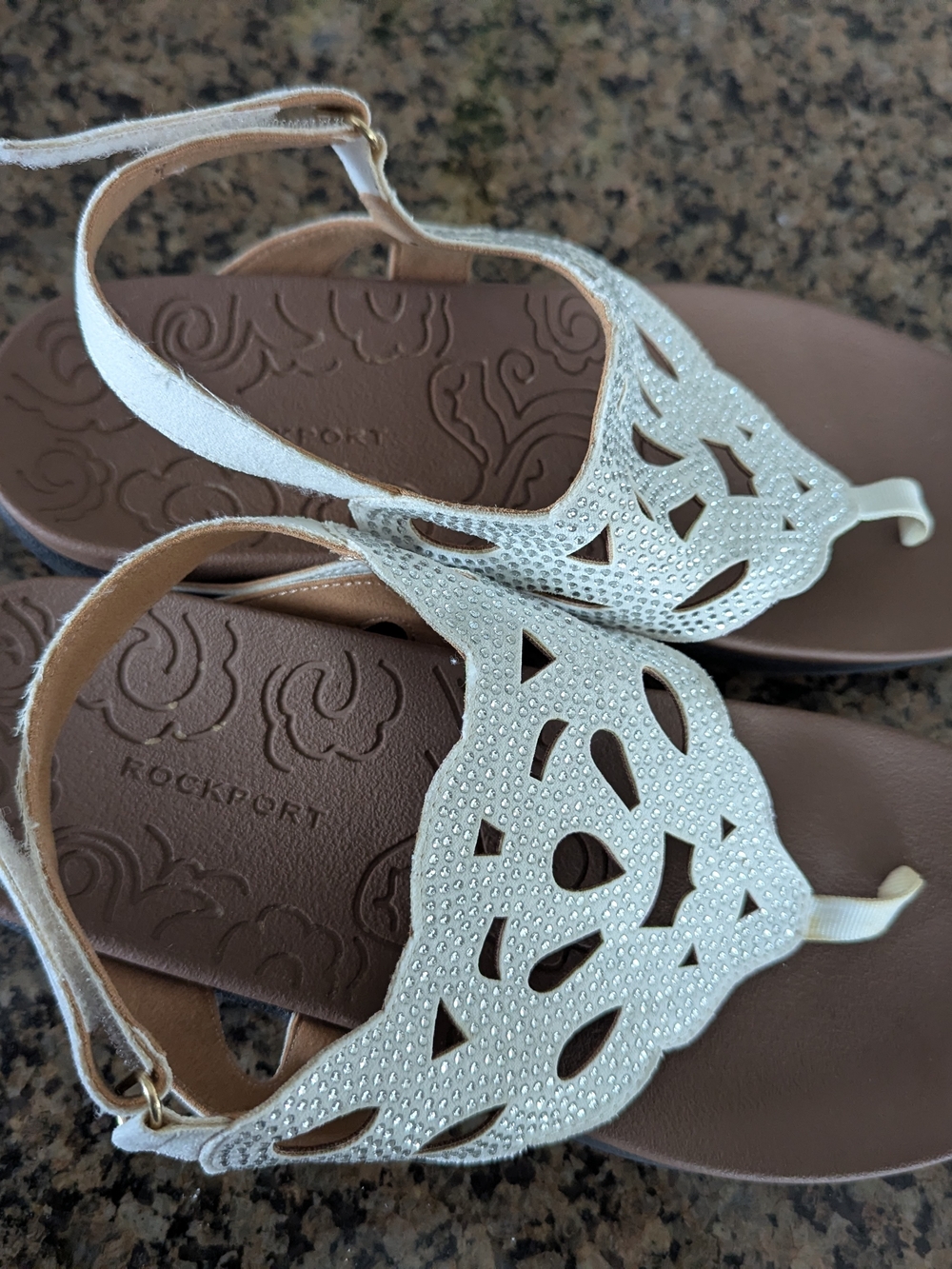Rockport Women's White Cutout Rhinestone T-Strap Sandals
